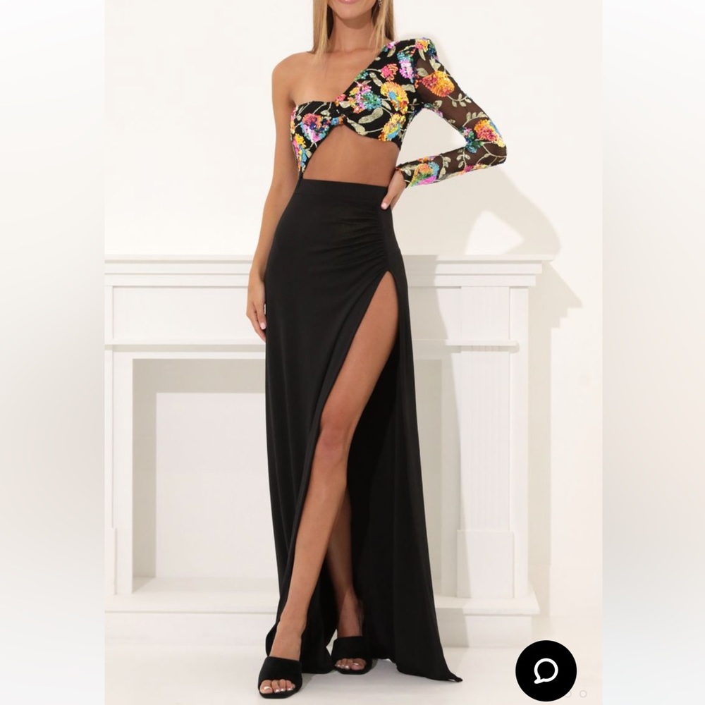 Lucy in the Sky, Cheree One Shoulder Sequin Maxi Dress in Black